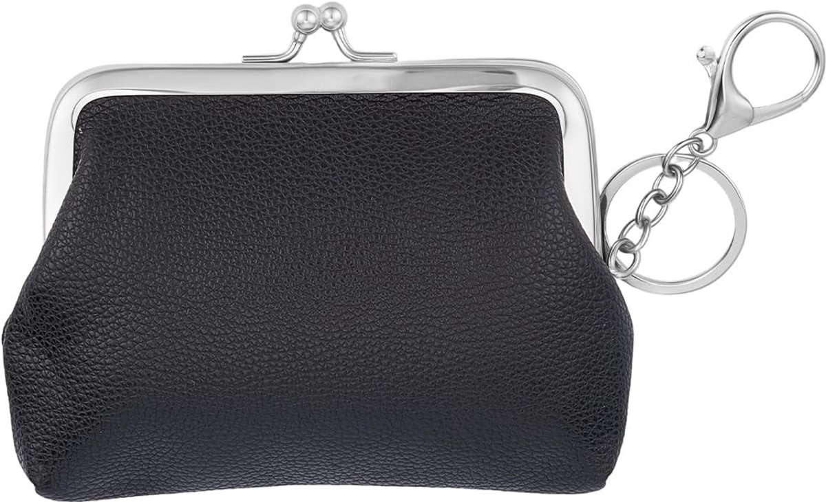 Dailygoods - PU Lederen Kiss Lock Portemonnee voor Vrouwen Vintage Dames Compacte Portemonnee Kleine Zwart Lederen Verandering Pouch Creditcardhouder met Sleutelhanger en Kreeft Sluiting voor Reizen