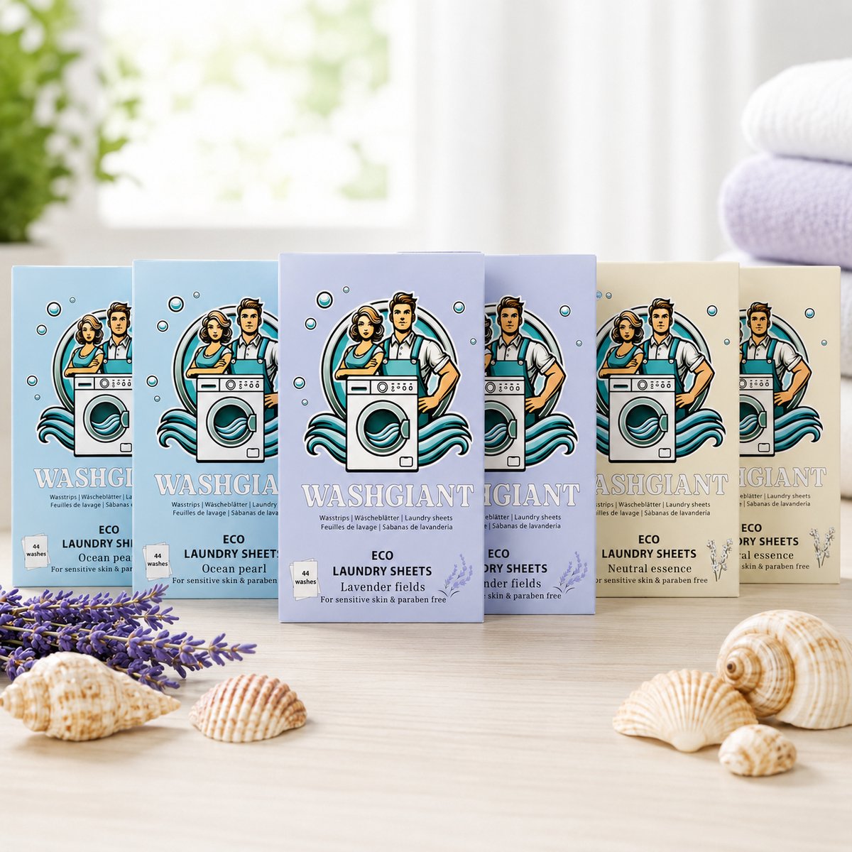 Washgiant Wasstrips XL Mixpakket – 6 Verpakkingen | Lavender Fields, Ocean Pearl & Neutral Essence | Fris Geurende, Microplasticvrije Wasmiddeldoekjes – 264 Wasbeurten