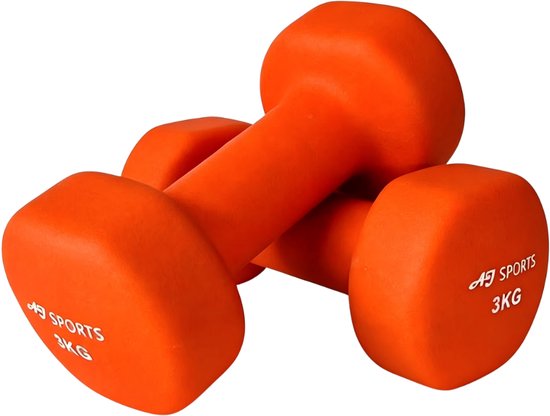 Twee oranje 3kg dumbbells met AJ SPORTS logo, op een witte achtergrond.