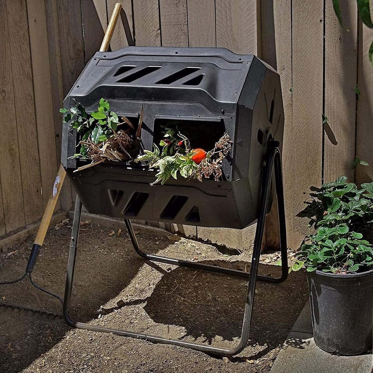 Compostbak Roterend - Afvalbak Tuin - Compost Maken - Dubbele Kamer Systeem - 160 Liter - Zwart