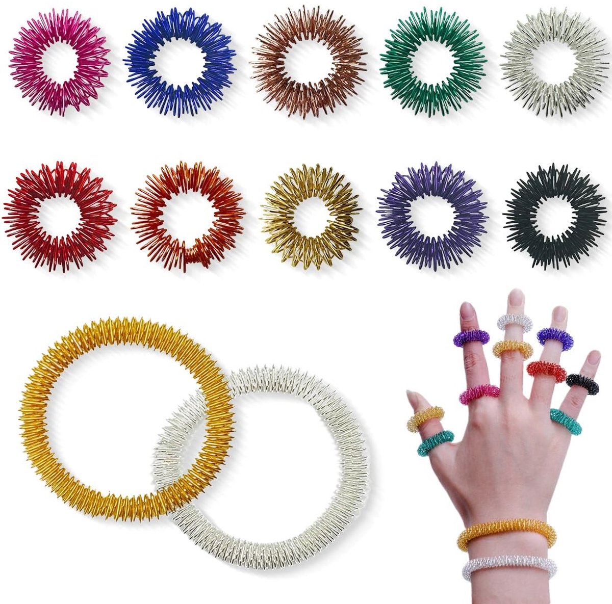 Dailygoods- Acupressuurring set - 10 Vingeracupressuurringen - 2 Polsmassageringen - Stressvermindering - Bevordering van doorbloeding - Hoogwaardig roestvrij staal - Massageringen