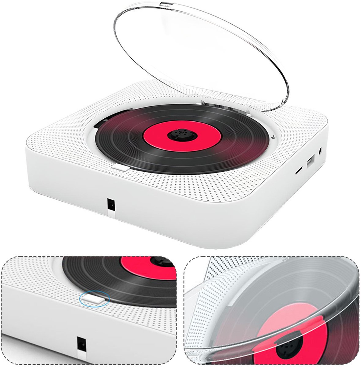 6-in-1 Draagbare CD-Speler met Bluetooth, FM Radio, TF/USB, Wandmontage, Afstandsbediening – Wit – Voor Thuis, Keuken & Kantoor