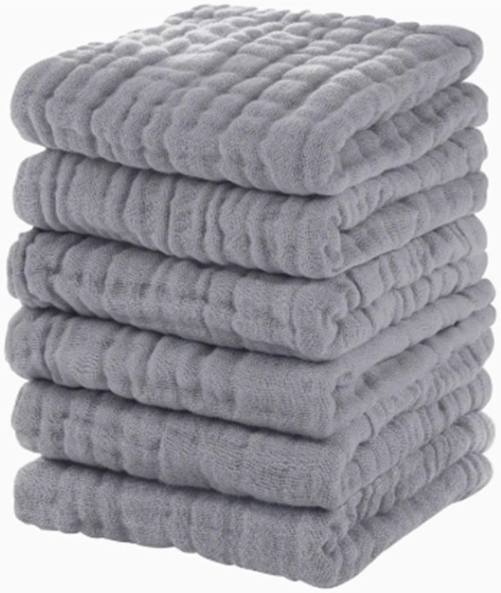 Babywashandjes 6 Stuks - Spuugdoekjes Katoen - Babyverzorging Thuis - 6 Lagen Absorberend - 30 x 30 cm - Lichtgrijs