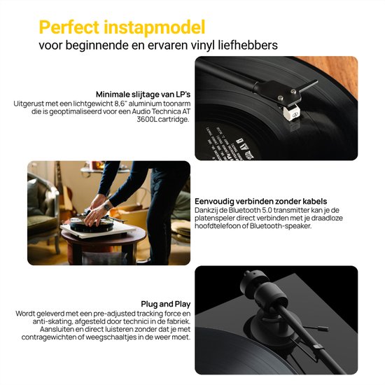 Pro-Ject E1 BT Bluetooth Platenspeler – met Phono Voorversterker – Handmatige Platenspeler – 33/45 RPM – LP Speler – AT3600L element – Zwart — afbeelding 3