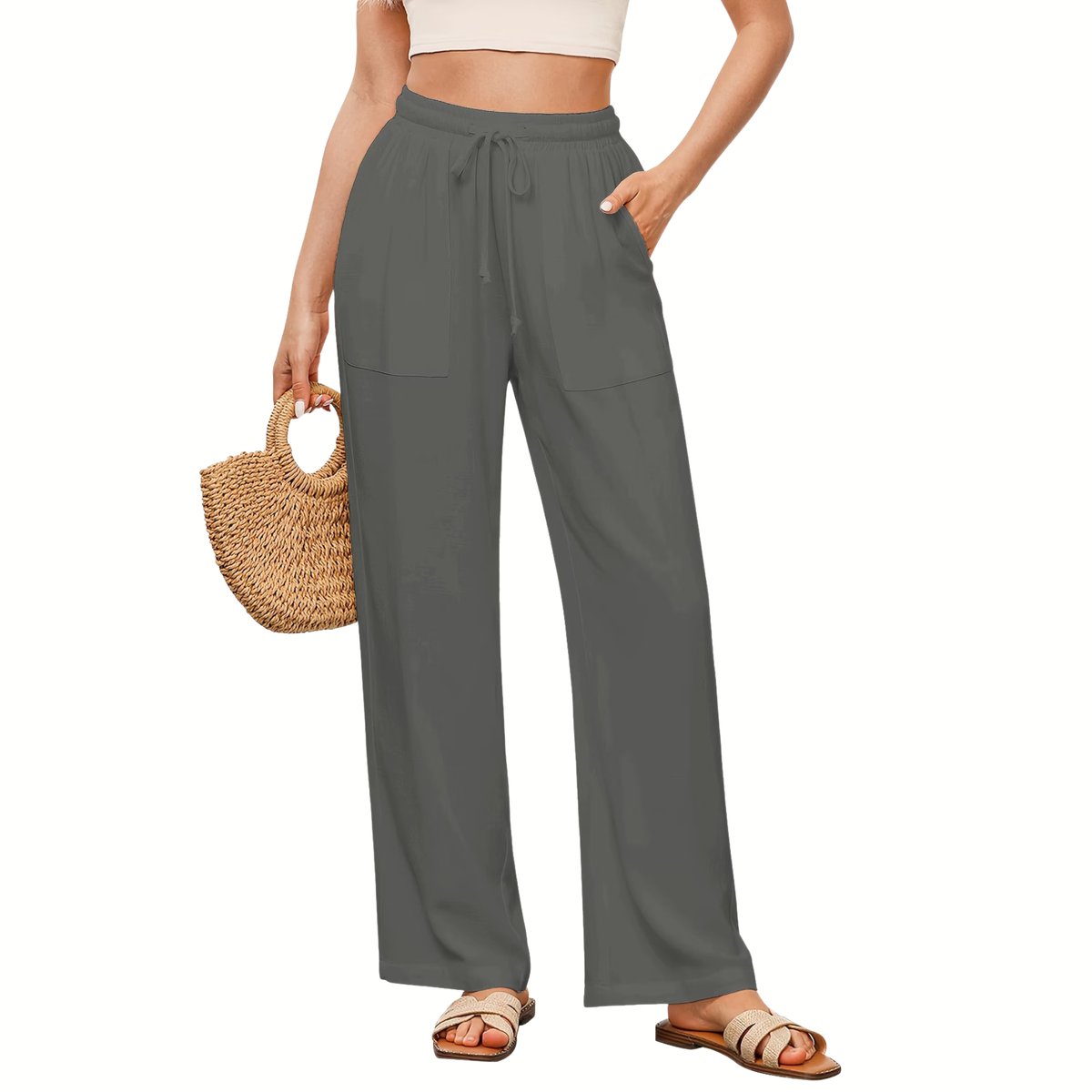 Currero Linnen Broek Dames Zomerbroek Volwassenen Lange Broek Pantalon Strandbroek Zomer Ibiza Stijl Lichtgrijs