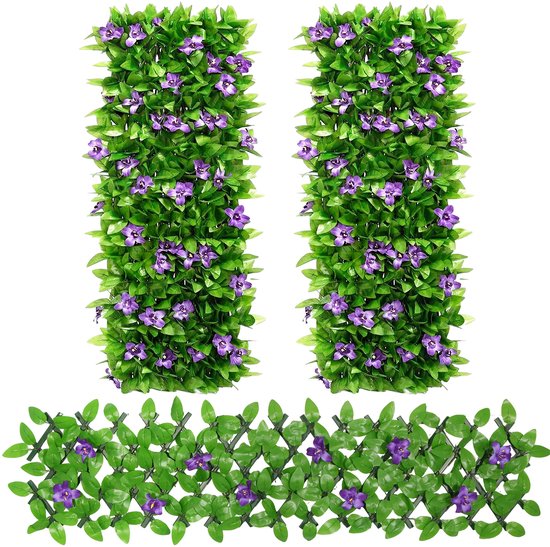 Twee kunsthagen met groene bladeren en paarse bloemen, uitrekbaar.