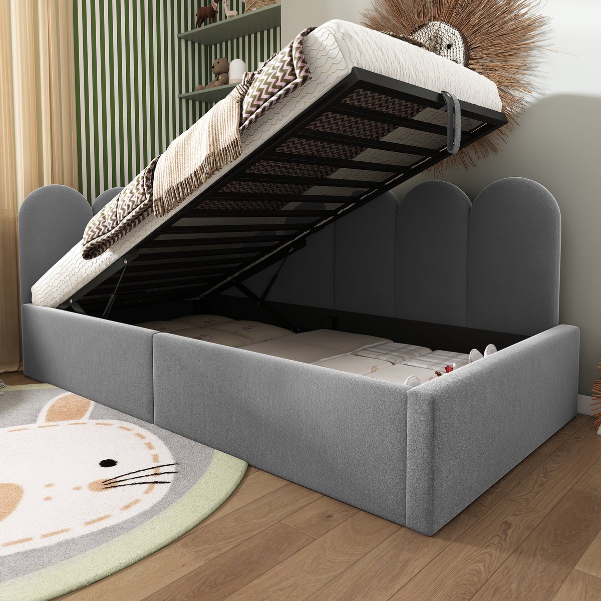 MEUNIQ slaapbank daybed 90x190 cm met hydraulische opbergruimte, metalen lattenbodem en fluwelen bekleding, eenpersoons bed voor kinderkamer of logeerkamer, grijs