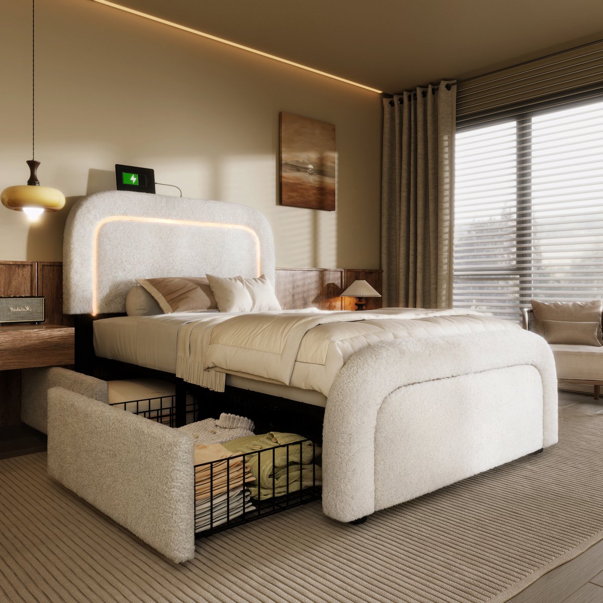 MEUNIQ eenpersoons bedframe 90x200 cm met USB en Type-C, LED-verlichting, 2 lades, verstelbaar hoofdbord en lattenbodem voor slaapkamer, wit