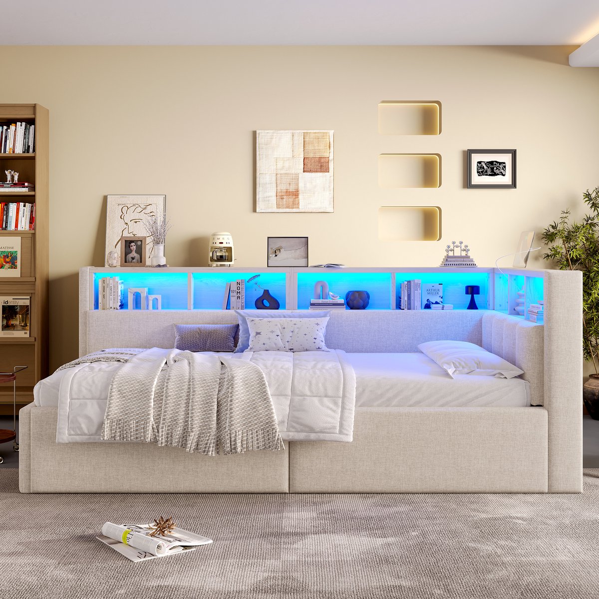 MEUNIQ slaapbank 90 x 200 cm met hydraulische opbergruimte, opbergvakken, app-gestuurde meerkleurige LED, USB en Type-C, daybed voor slaapkamer, beige