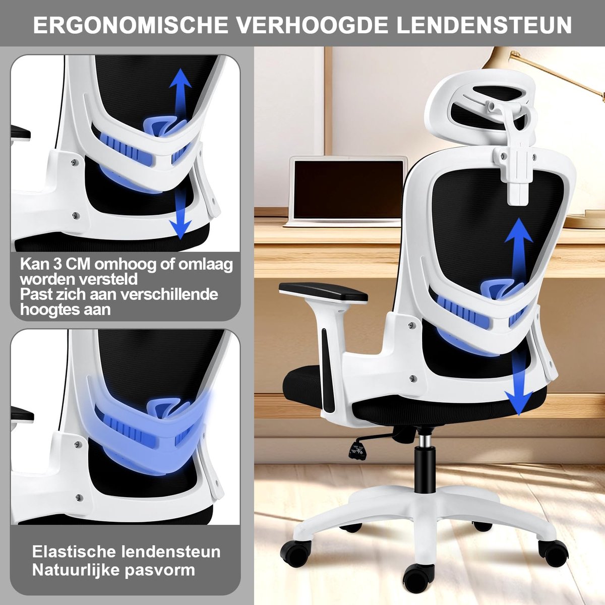 Dailygoods- Bureaustoel Ergonomisch - Verstelbare Armsteun - Lendensteun - Hoofdsteun - Ademend Mesh - Voor Thuiswerk - Werkstoel – foto 4