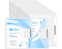 Dailygoods - Agoer 30 stuks A4 documentenmappen om op te bergen, brede afmetingen, transparante documentenmap met 11 gaten, klittenbandsluiting en labelvakken, kunststof documentenhoezen voor het organiseren van