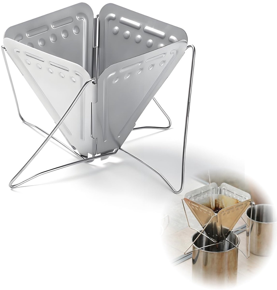 Dailygoods- Koffiedruppelaar Opvouwbaar - Koffiefilterhouder - Roestvrij Staal - Campingkoffiefilter - Compact - Flexibel Maatdesign 17 x 8,5 x 10 cm - Koffiefilter