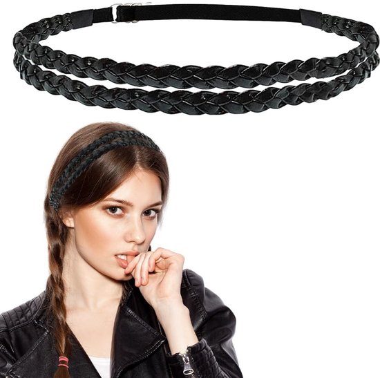 Dailygoods - Modieuze hoofdbanden voor vrouwen, 1 stuk zwarte PU-haarband voor dames dubbel gevlochten dunne elastische hoofdband verstelbare maat boho bruiloft vintage hoofdband voor vrouwen en meisjes