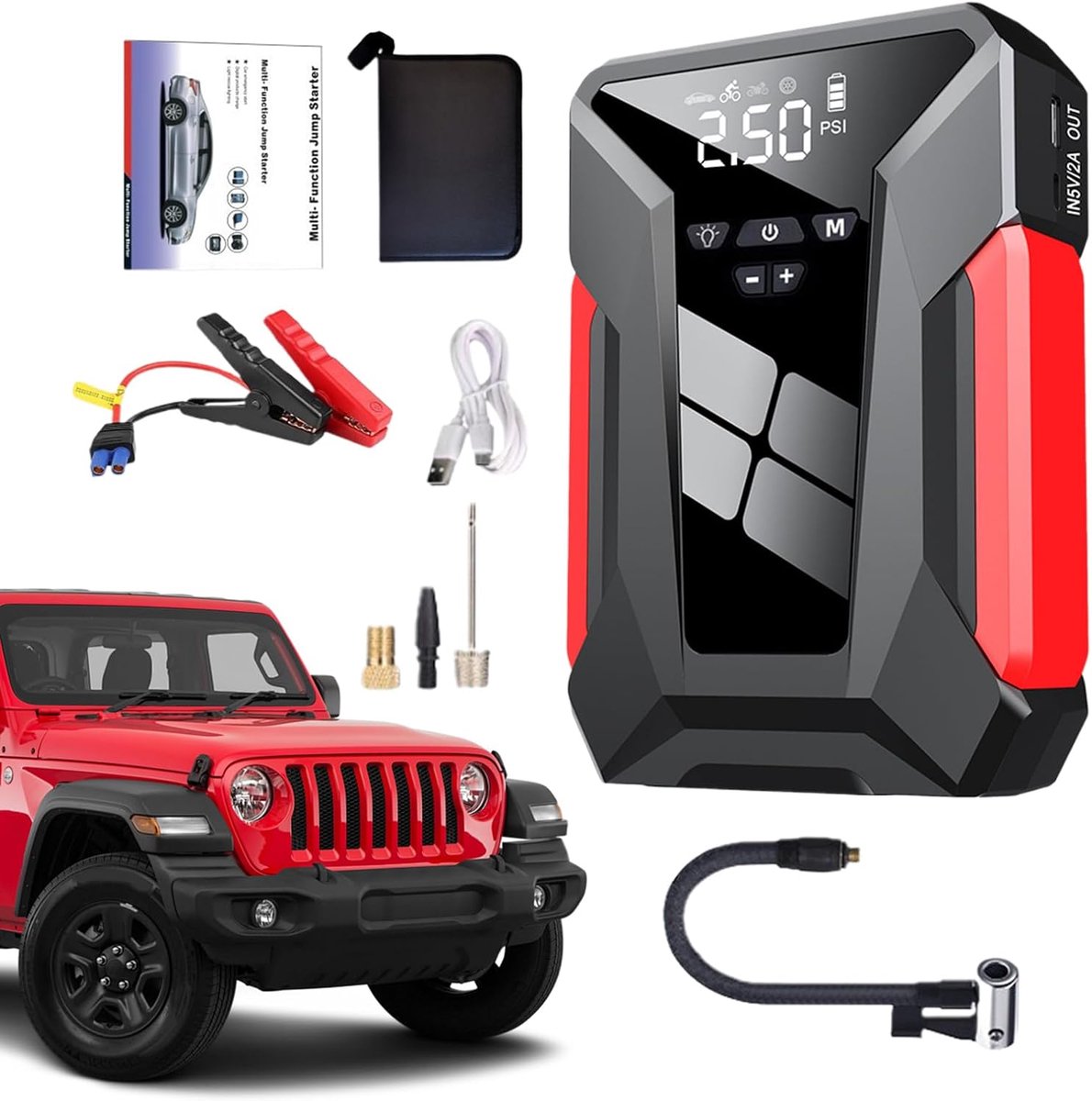 Draagbare Batterij Starter - Auto Booster - Noodsituaties Onderweg - Met Bandenpomp - 12V - Zwart
