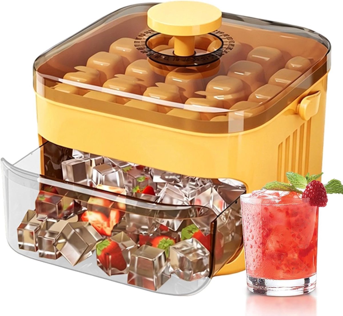 IJsblokjesmaker - IJs Vorm - Dranken Koelen - Easy Press Deksel - 50 Holtes - Geel