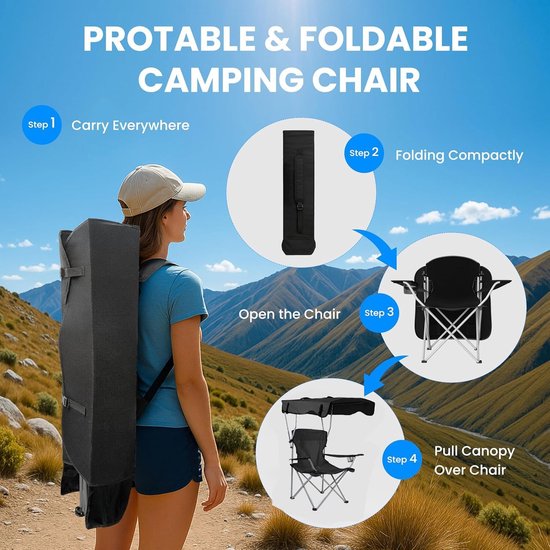 Opvouwbare Stoel - Relaxstoel Ligstoel - Buitenactiviteiten Genieten - Met Opvouwbare Luifel - Tot 175 kg - Kaki — afbeelding 3