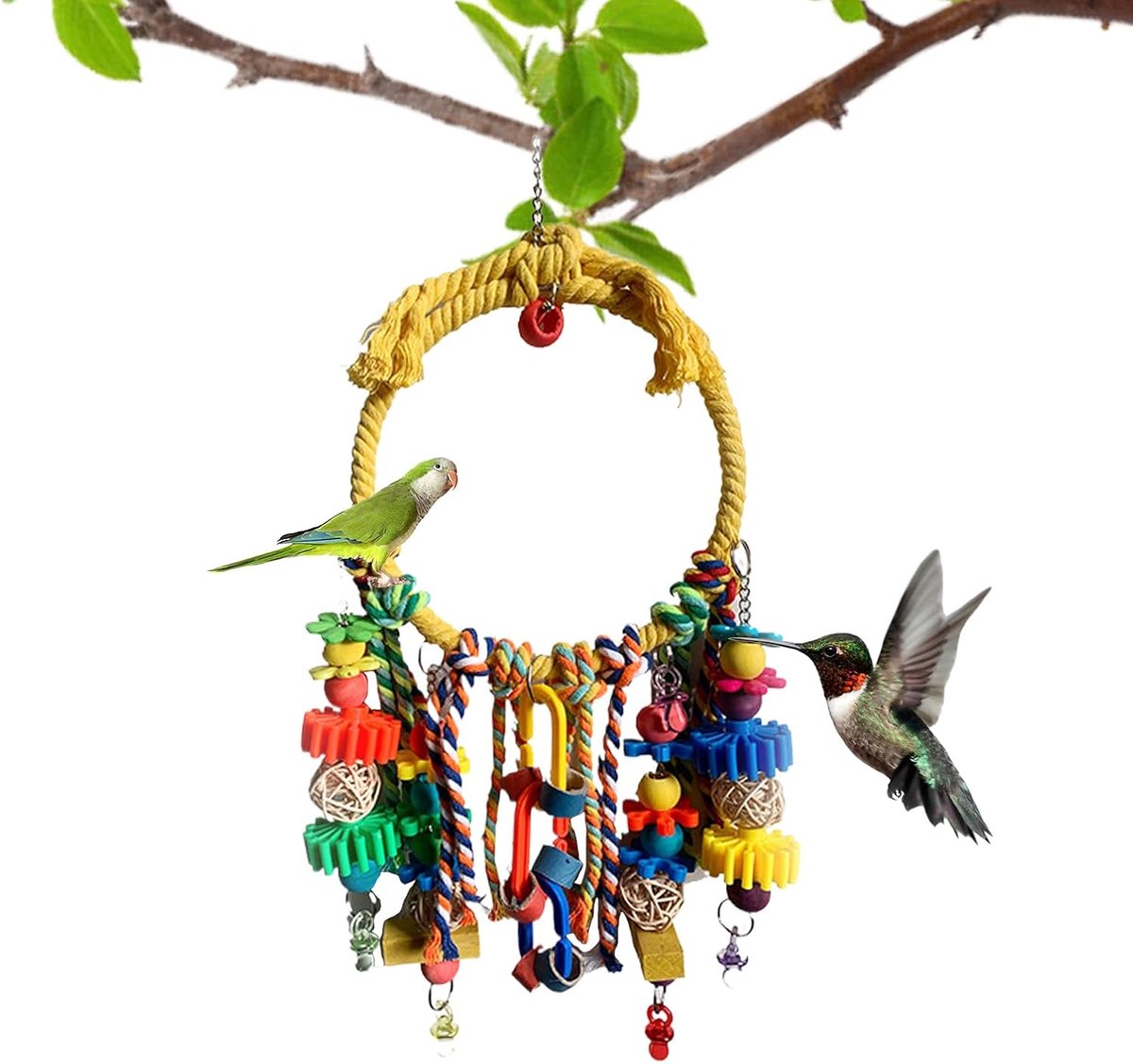 Vogelschommel - Klimtouw Speelgoed - Vogel Verrijking - Natuurlijk Katoen - 48 cm Hoog - Geel