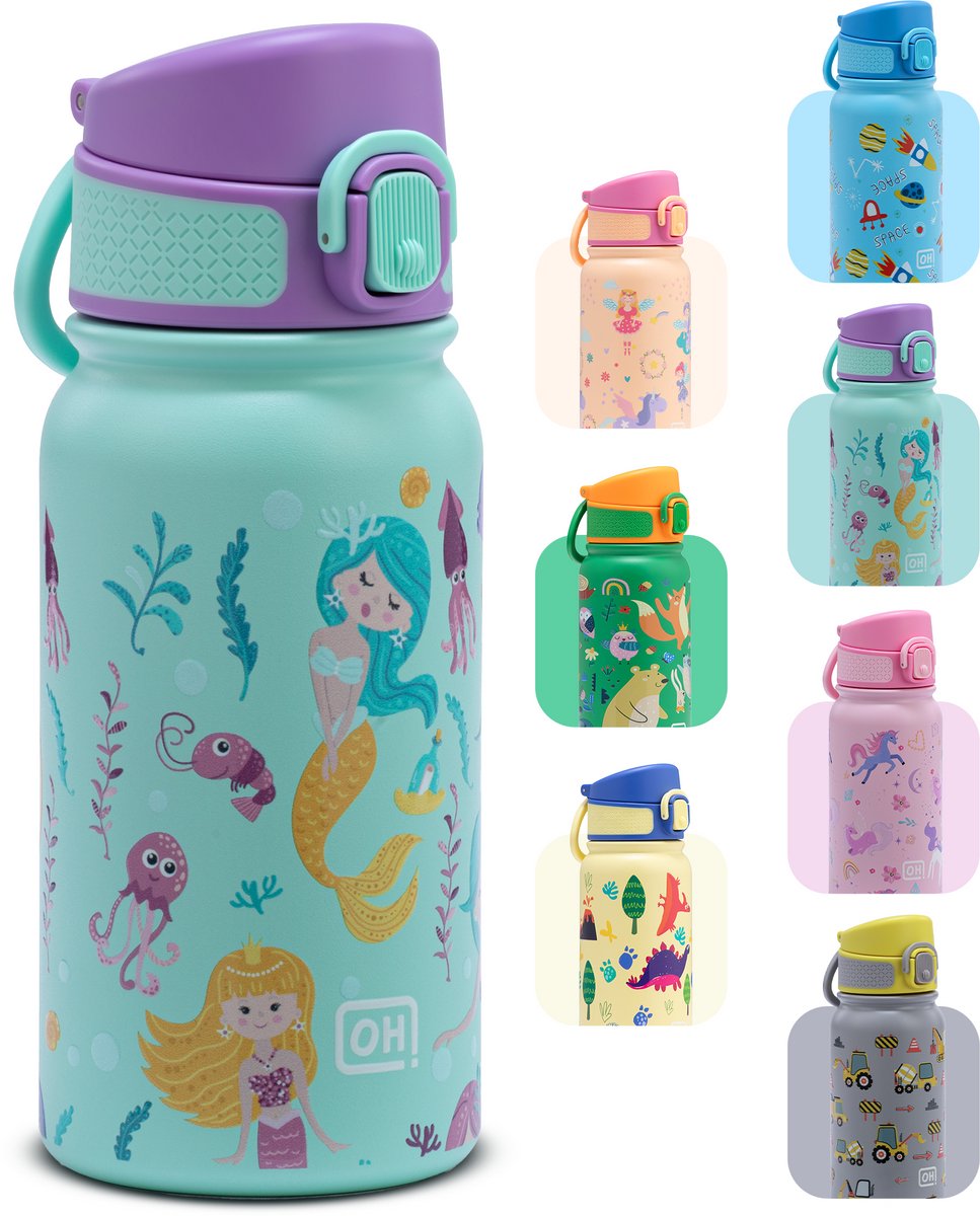 BentOH! RVS Waterfles 350ml voor Kinderen - Zeemeermin - Anti-overloop & Lekvrij – Met Eén Hand te Openen – BPA-vrij & Vaatwasserbestendig