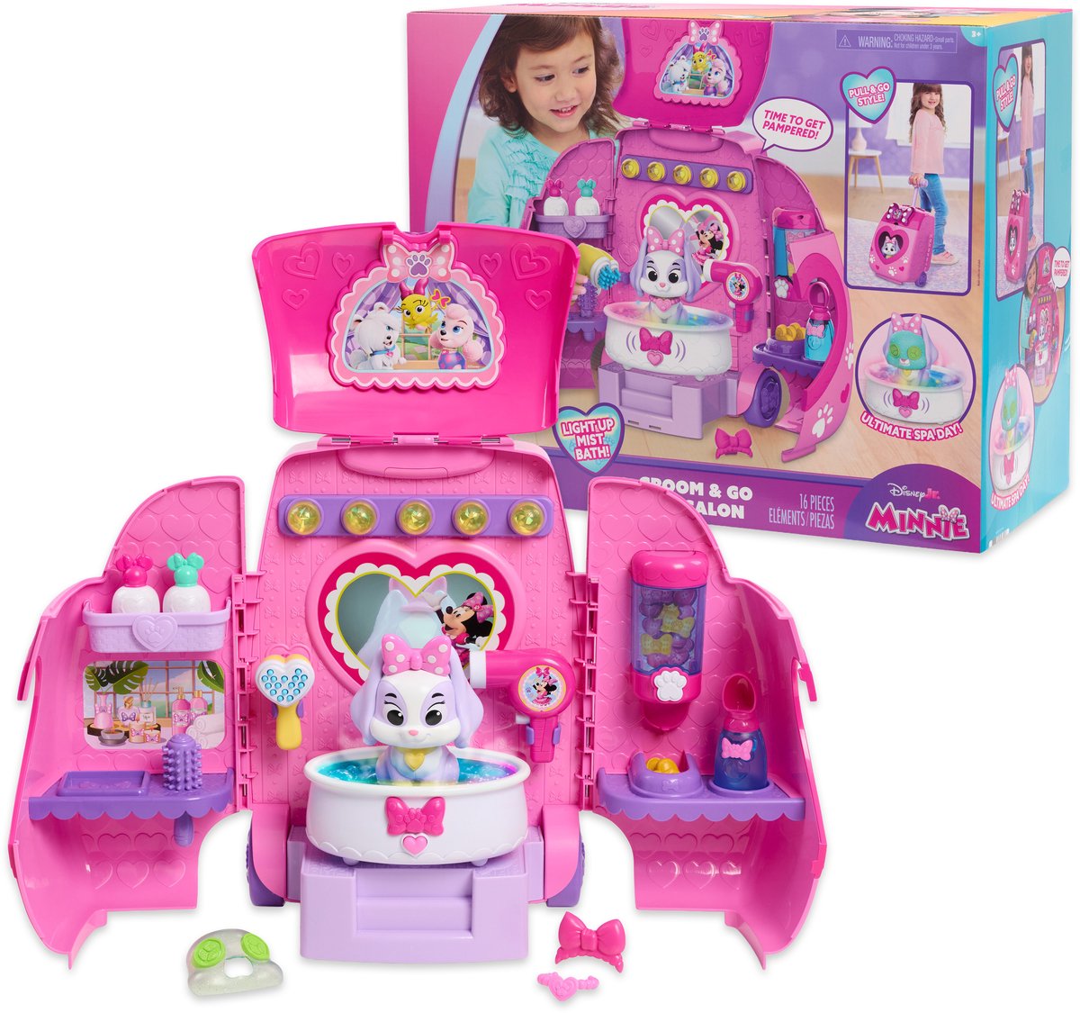 Disney Junior Minnie Mouse - Mobiele Dierensalon - Speelset met Licht, Geluid, Mistfunctie, Cream Puff & 16 Accessoires