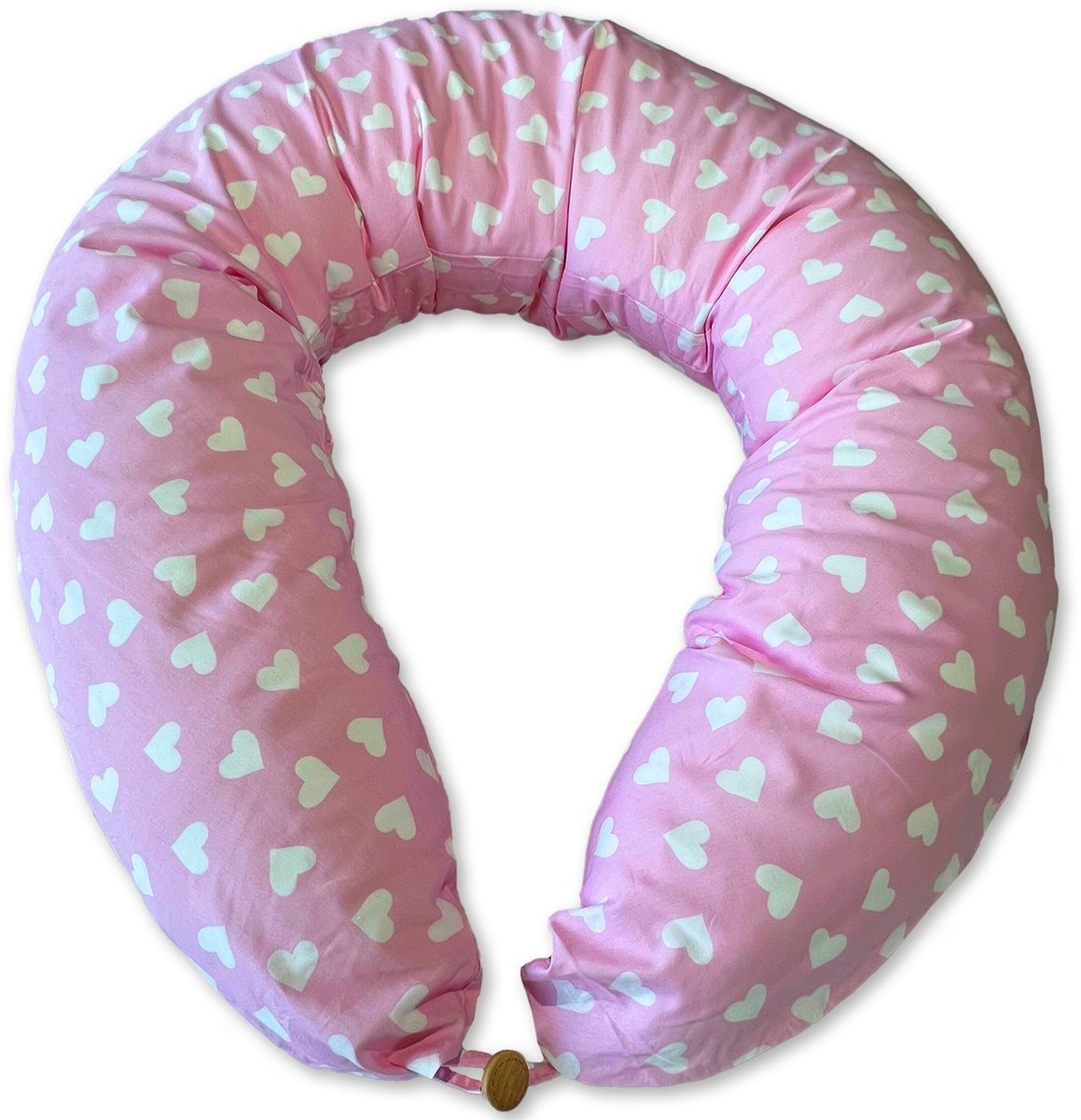 Zwangerschapskussen | Voedingskussen | Lichaamskussen | Zijslaapkussen | Body Pillow | 100% Katoenen Afneembare Hoes | Positioneringskussen | Roze met Witte Hartjes