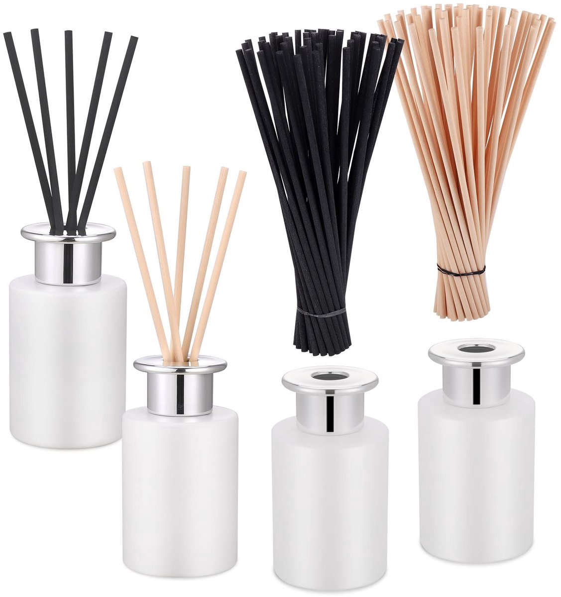 Dailygoods- Rietdiffuser 100 ml - Matwitte Fles - Zilveren Hoes - 100 Diffuser Sticks - Beige/Zwart - Elegant Design - Geurstokjes