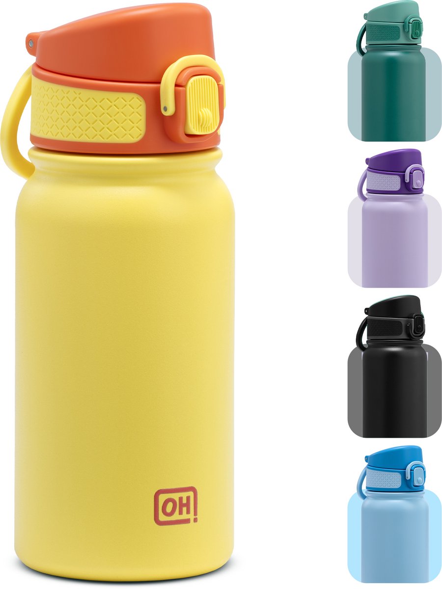 BentOH! RVS Waterfles 350ml Kinderen & Volwassenen - Geel - Anti-overloop & Lekvrij – Met Eén Hand te Openen – BPA-vrij & Vaatwasserbestendig