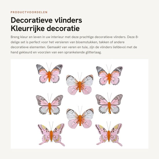 Dailygoods- Decoratieve Vlinders - 8-delige Set - Roze/Oranje - Metalen Clip - Versiering voor Bloemstukken - Handgemaakt met Glitter - Decoratievlinders