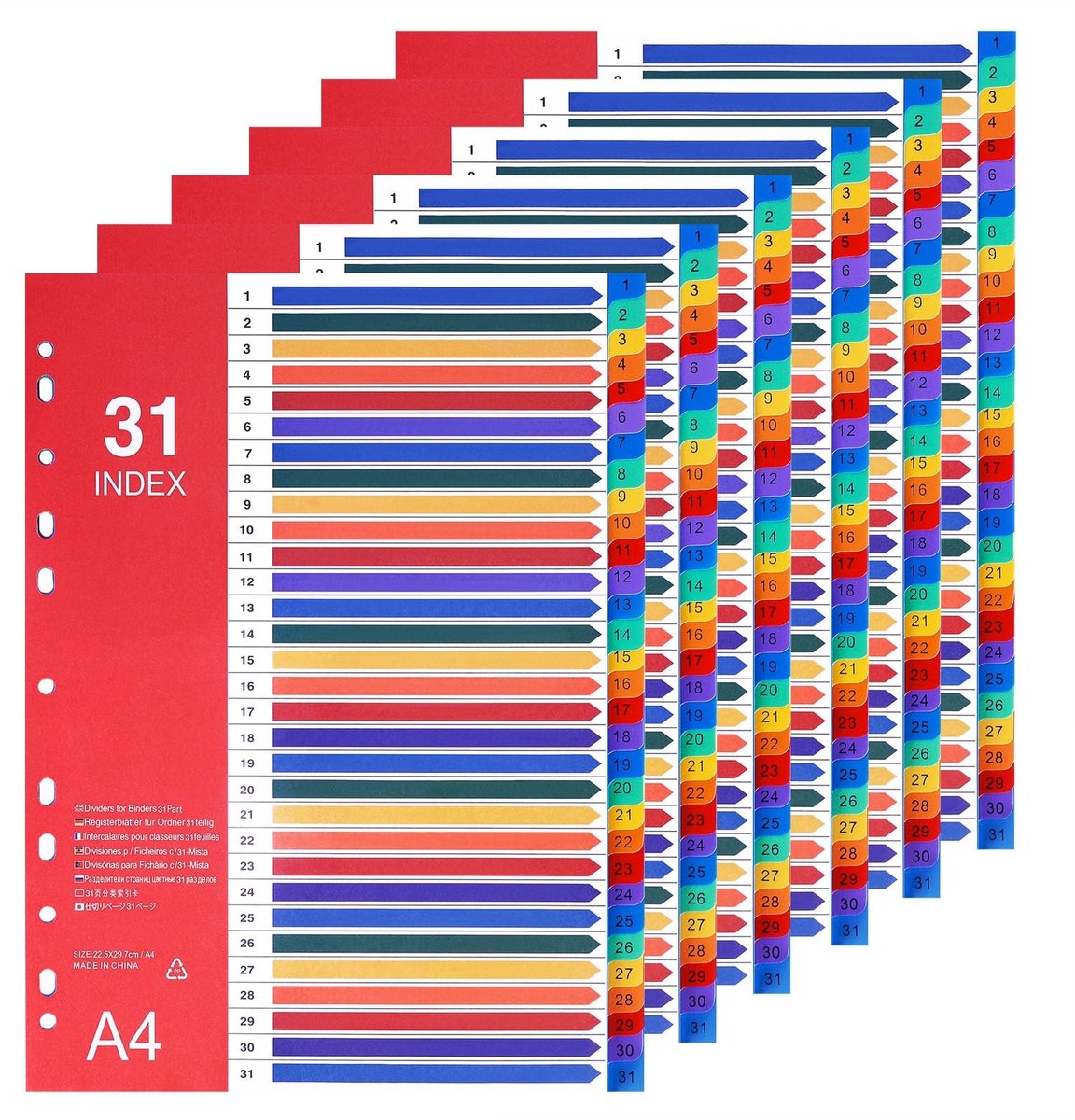 Dailygoods- Bindmiddelverdelers A4 31-delig - 6-pack - Kunststof - Geperforeerd 11-gaten - Veelkleurige tabbladen - 22,5 x 30 cm - Ordnerscheiders