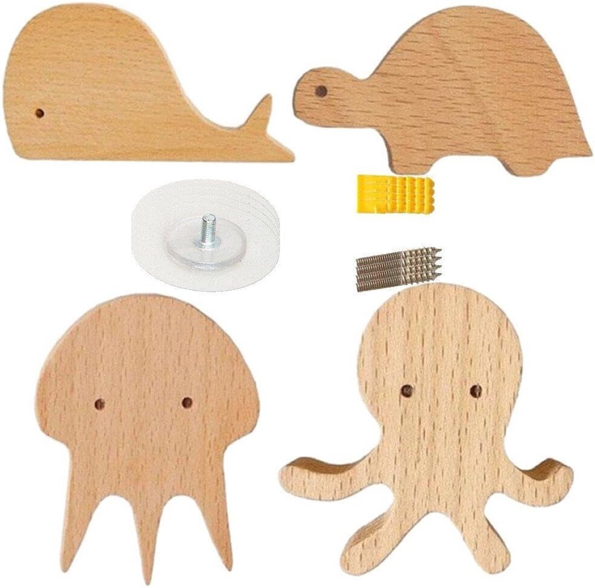 Houten Wanddecoratie Set - Dieren Hangers - Kinderkamer Aankleden - Set van 4 - 5 x 5 x 5 cm