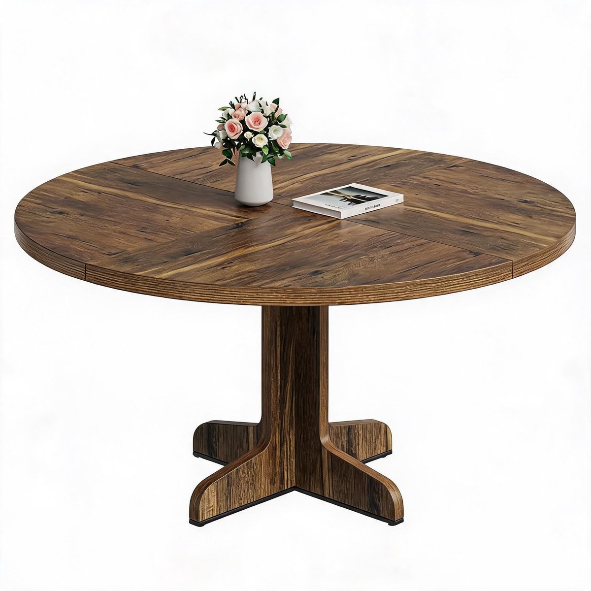 Ronde Eettafel 120 cm - Massief Houten Tafelblad - Gebogen Metalen Poten - Naturel Houtkleur - Eetkamertafel voor 4-6 Personen
