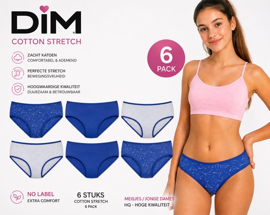 Ondergoed kinderen - no etiket - 6 Stuks - COTTON STRETCH - 6 PACK - maat 158 / 164 - DIM meisjes Ondergoed - slipjes - Onderbroeken jonge Dames - meisjes Slips - Ondergoed meisjes - HQ