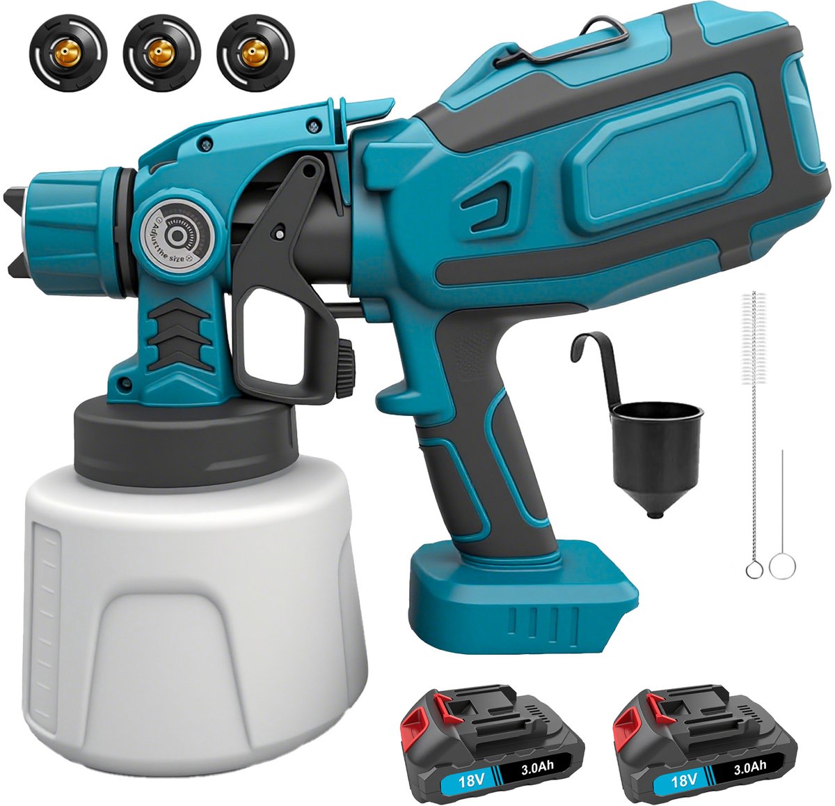 Draadloze HVLP verfspuit - 200W motor, 3 spuitpatronen en 3 sproeiers - Geschikt voor Makita 18V accu's