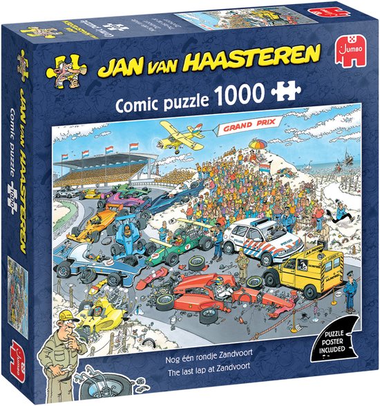 Doos Jan van Haasteren comic puzzle 'Nog één rondje Zandvoort', 1000 stukjes. Vrolijk gekleurde raceauto's en publiek bij een Grand Prix.