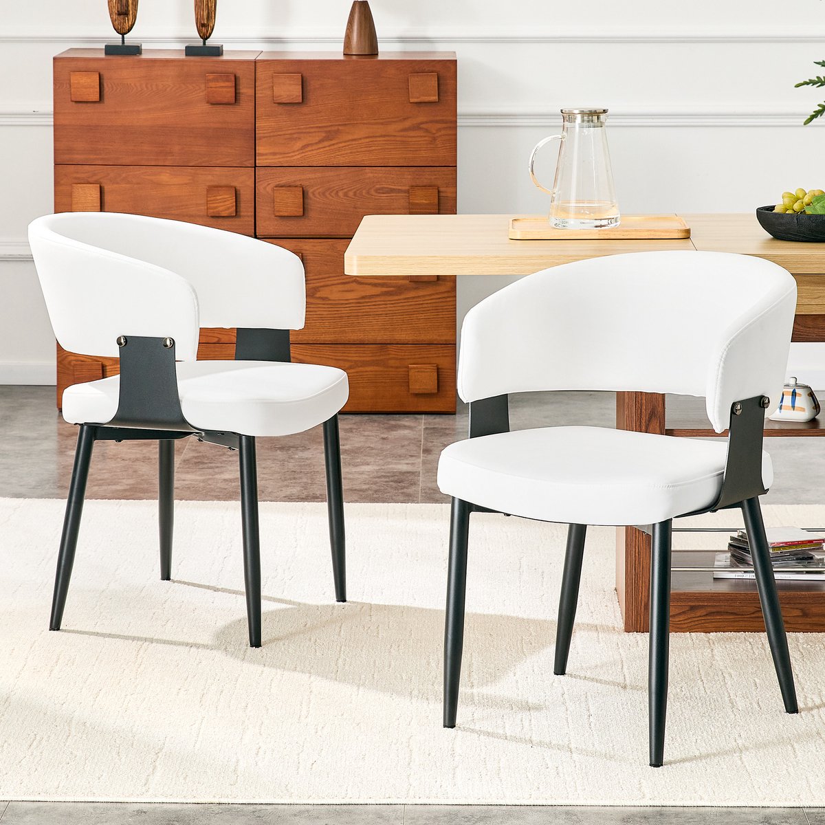 MIVRAY Eetkamerstoel Met Armleuningen - Retro Kuipvorm - Voor Eetkamer En Woonkamer - Kunstleer En Stof Wit Zwart Wit En Zwart