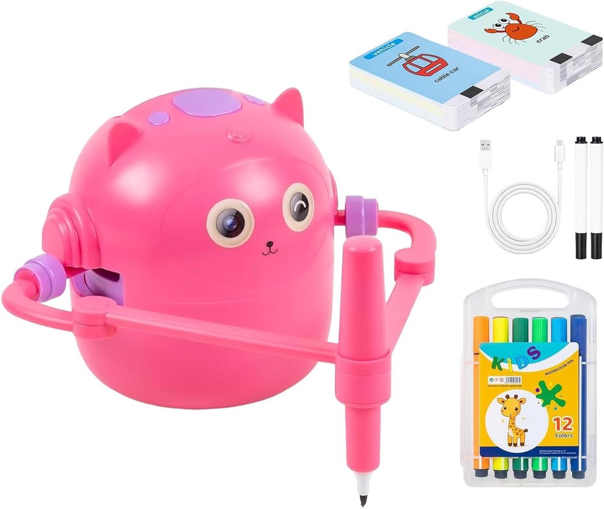 Tekentrobot - Tekensysteem Kaarten - Leren Tekenen - Interactief Met Spraak - 11x11x12.5 cm - Roze