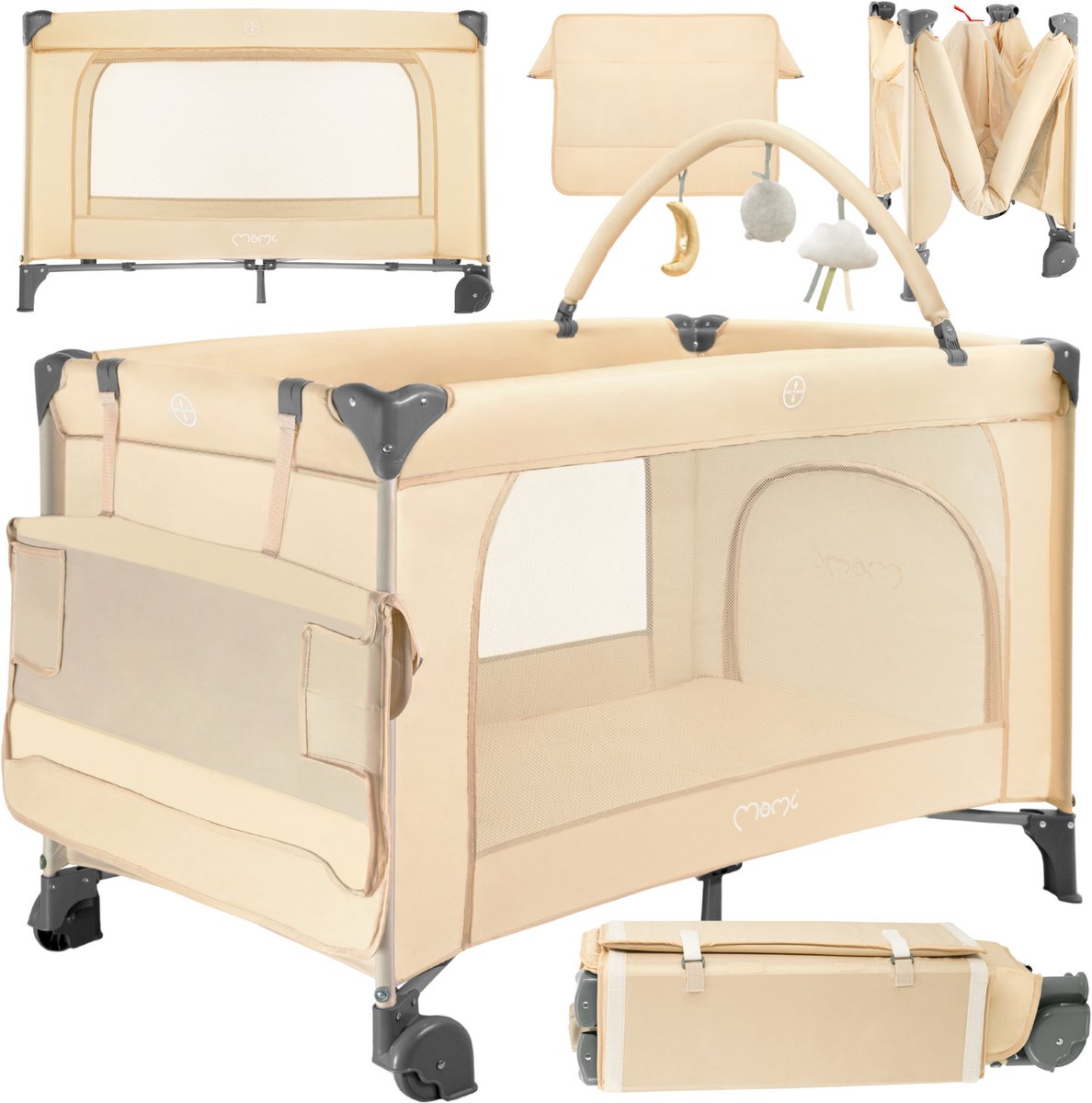 MoMi BELOVE PLUS Reisbedje & Campingbedje - 2 Niveaus - Met Verschoonblad, Speelboog & Matras - Vanaf Geboorte tot 15 kg - Beige