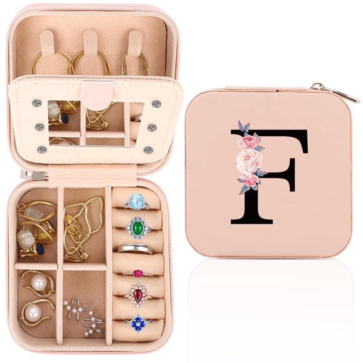 Dailygoods - Sieradendoosje voor op reis, gepersonaliseerd sieradenkistje, kleine sieradenorganizer met spiegel, cadeau voor dames en verjaardagen