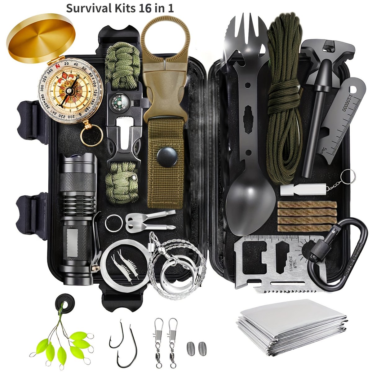 Lzwintrading - Survivalkit - Survival Kit Outdoor 16-in-1 - Multifunctionele Survivalset - Overlevingsuitrusting -Professionele Noodgevallenset -Overlevingsset - Survivaluitrusting Voor Outdoorsport, Camping, Bergbeklimmen, Vaders, Mannen