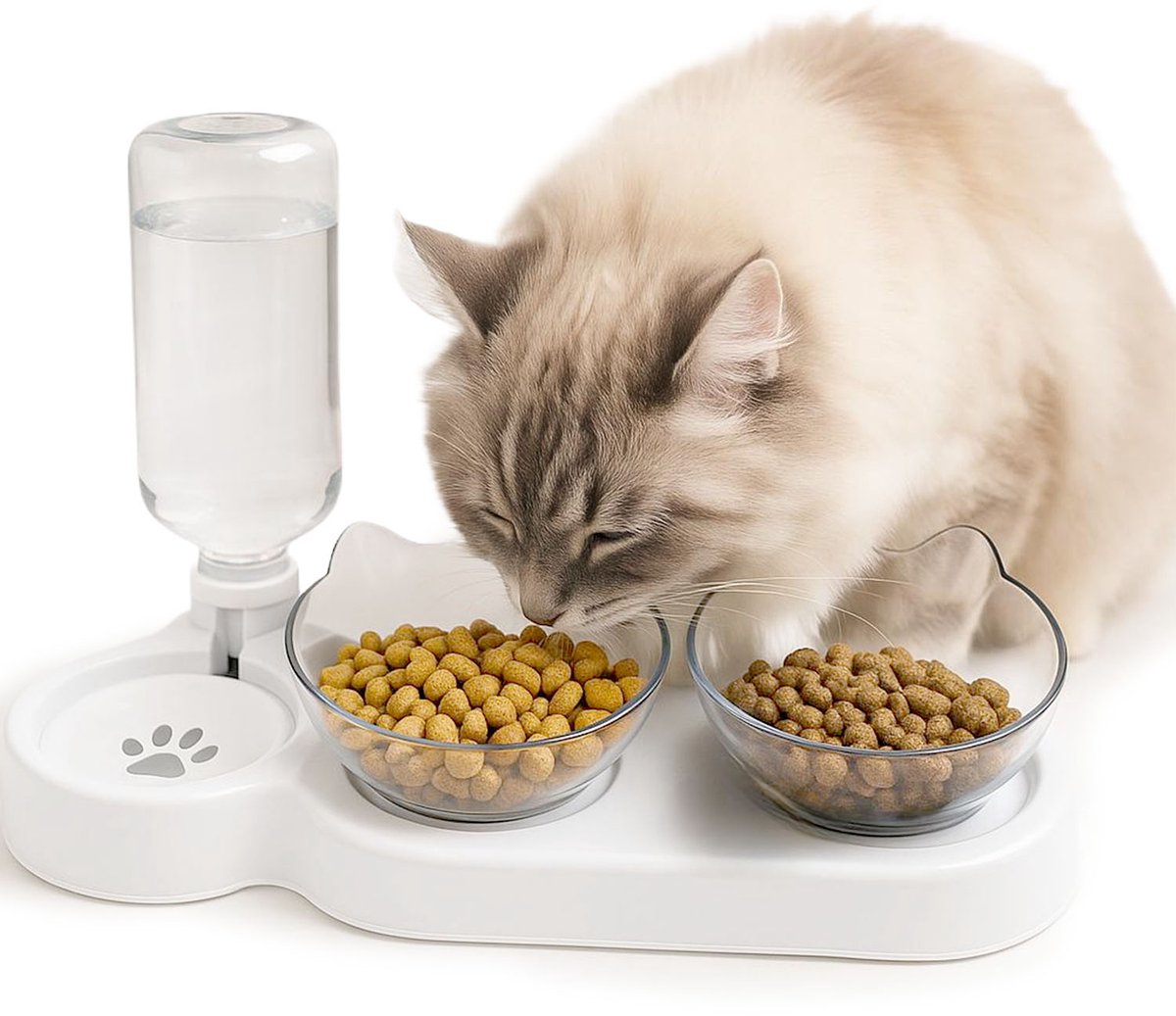 Kattenvoerbak Automatische Drinkfontein-Anti Natte Bek Drinkbak-Katten en Honden Voer en Water Combinatie-Anti Omstoot Bak-Wit Transparant