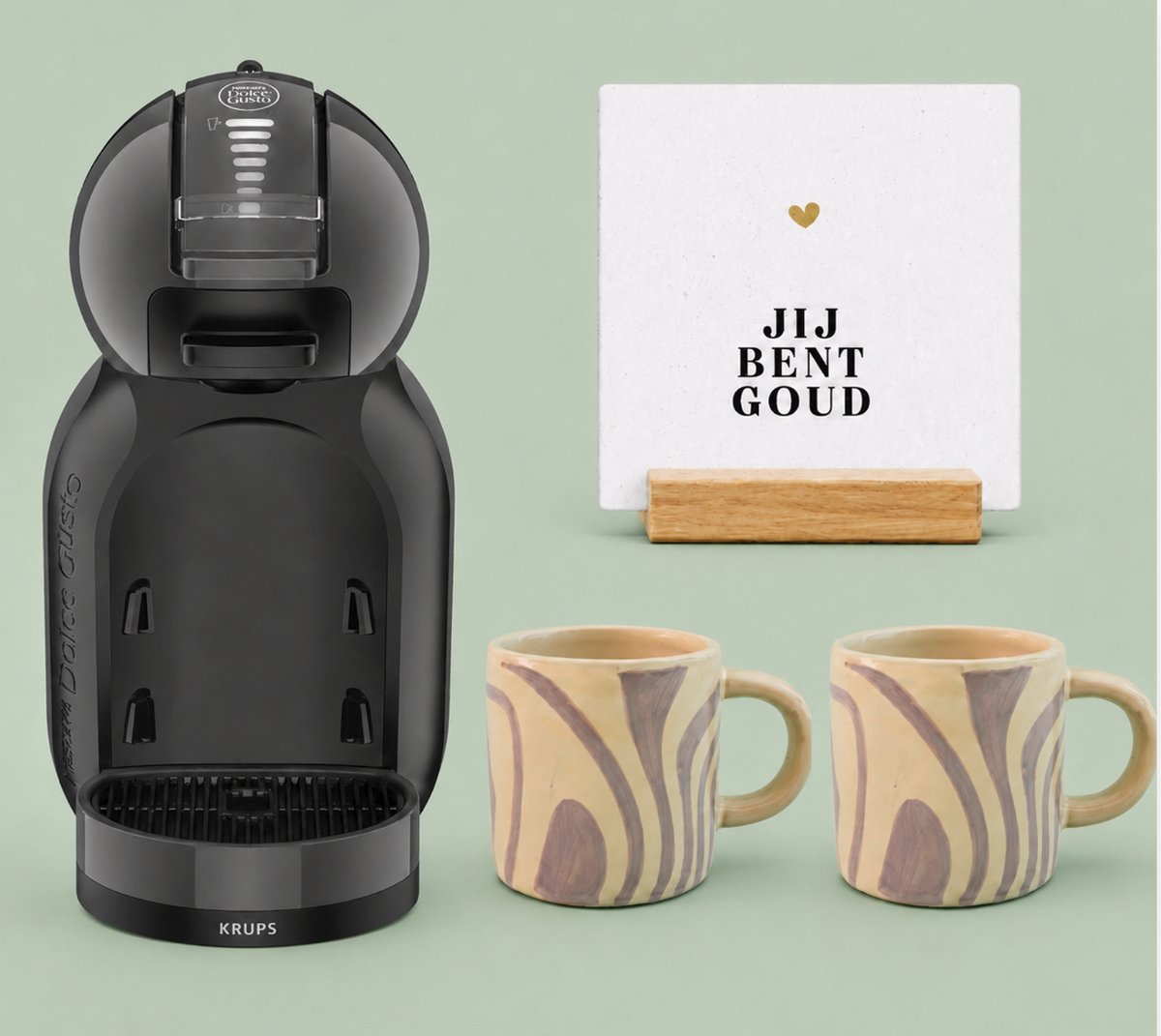 KRUPS NESCAFÉ Dolce Gusto MiniMe KP120810 - Koffiecupmachine - Antraciet / zwart + 2 grijsgestreepte mokken met oor + witte tegel "Jij bent goud" + tegelhouder