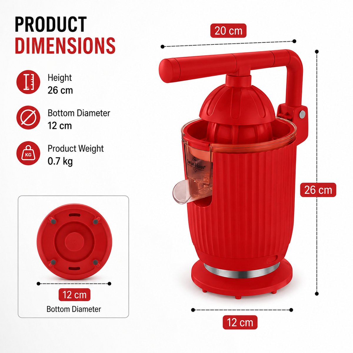 Swiss Haus® CJ1914 Citruspers Elektrisch - 140W – Elektrische Sinaasappelpers met Pershendel – 2 Perskegels – Verse Sinaasappelsap – Afneembare Onderdelen – Rood thumbnail 5