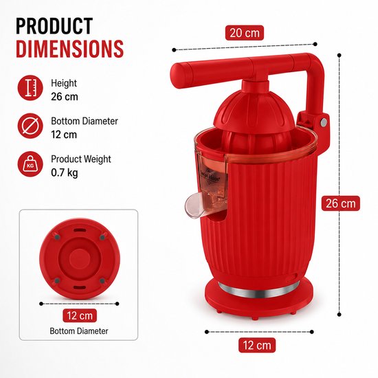 Swiss Haus® CJ1914 Citruspers Elektrisch - 140W - Elektrische Sinaasappelpers met Pershendel - 2 Perskegels - Verse Sinaasappelsap - Afneembare Onderdelen - Rood van Merkloos — afbeelding 5