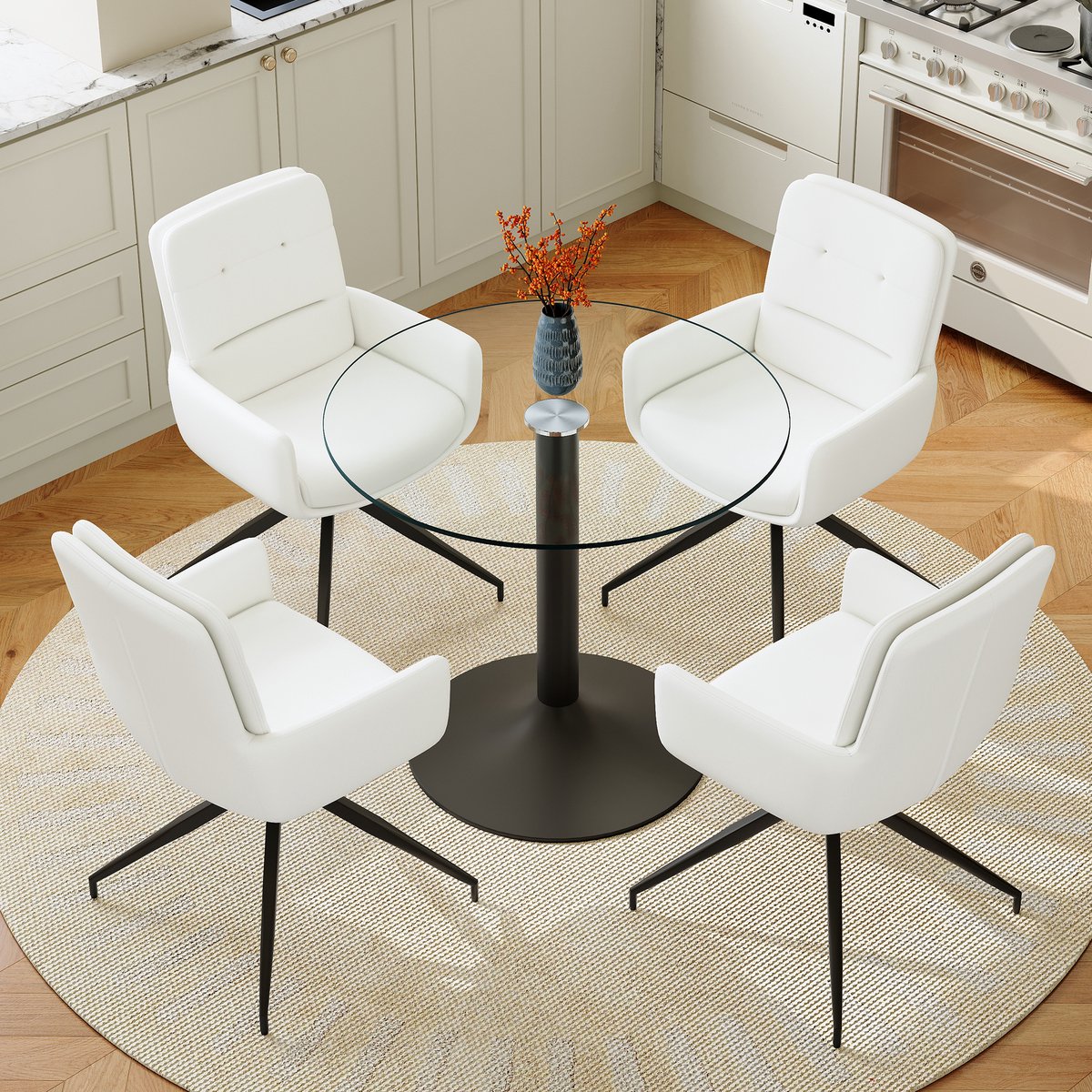 FloraGrace Ronde Eettafelset 85 cm - 4 Draaibare Eetstoelen - Transparant Glas en PU - Voor Eetkamer en Woonkamer - Zwart Wit Zwart, Transparant, Wit