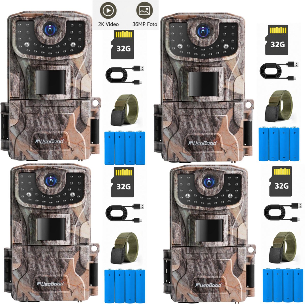 Wildcamera met Nachtzicht - Wildlife Camera - 36MP - IP66 Waterproof - Incl. 32GB SD-kaart - Geschikt Voor het Monitoren van Wilde Dieren - Geschikt Voor Buiten - 4PCS