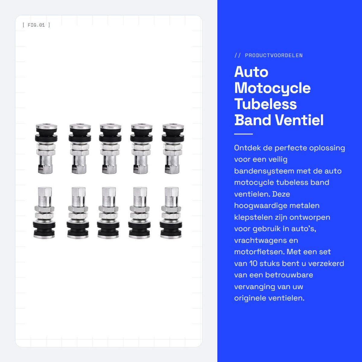Dailygoods- Ventiel 10 Stuks - Bout-in Bandventiel - Korte Stengels - Metalen Klepstelen - Hoogwaardig Aluminium - Lekvrije Rubberpakking