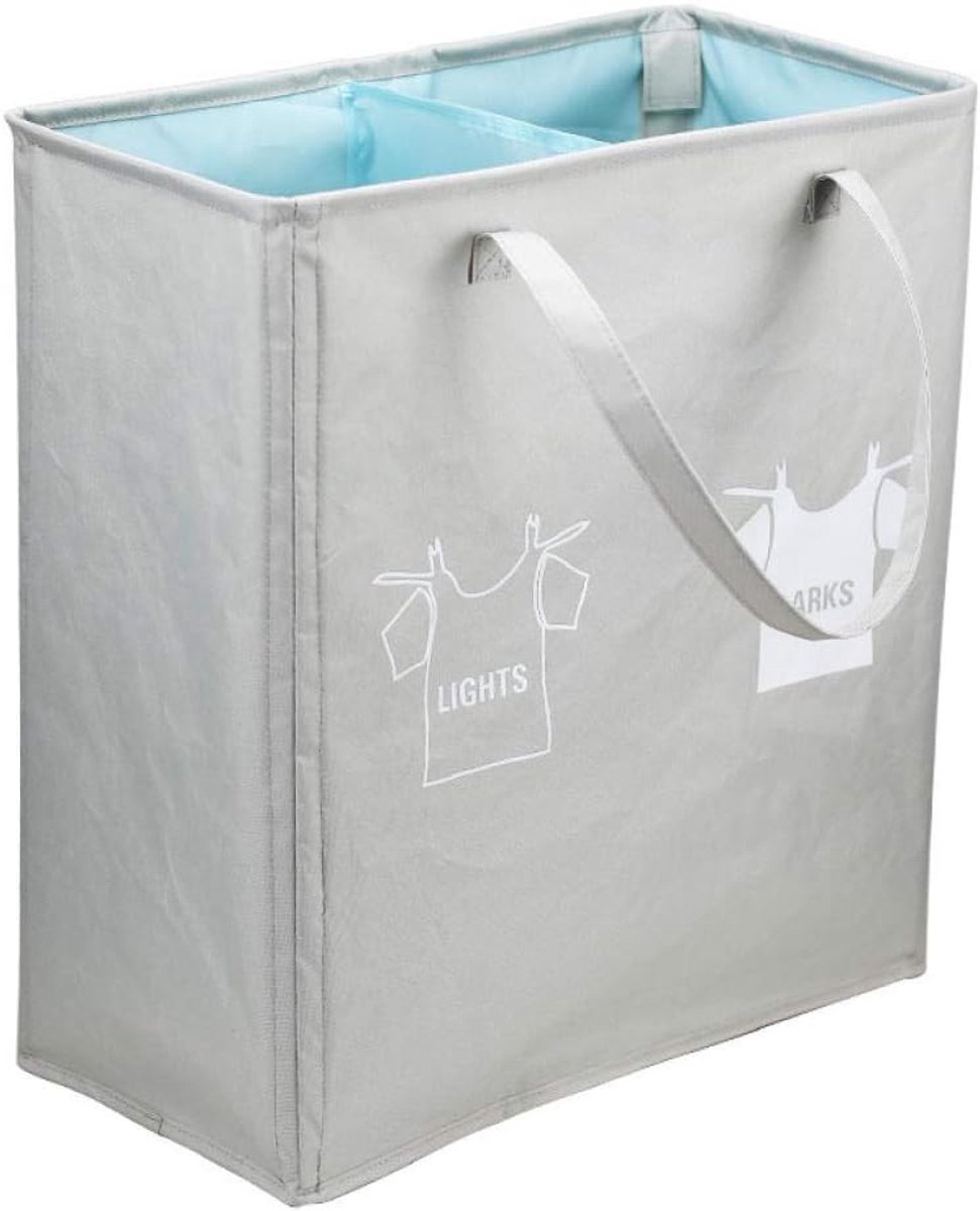 Wasemmer met Twee Vakken Opvouwbare Was Mand Kleding Sorteren Waterdichte Binnenvoering 26x50x55 cm Lichtgrijs