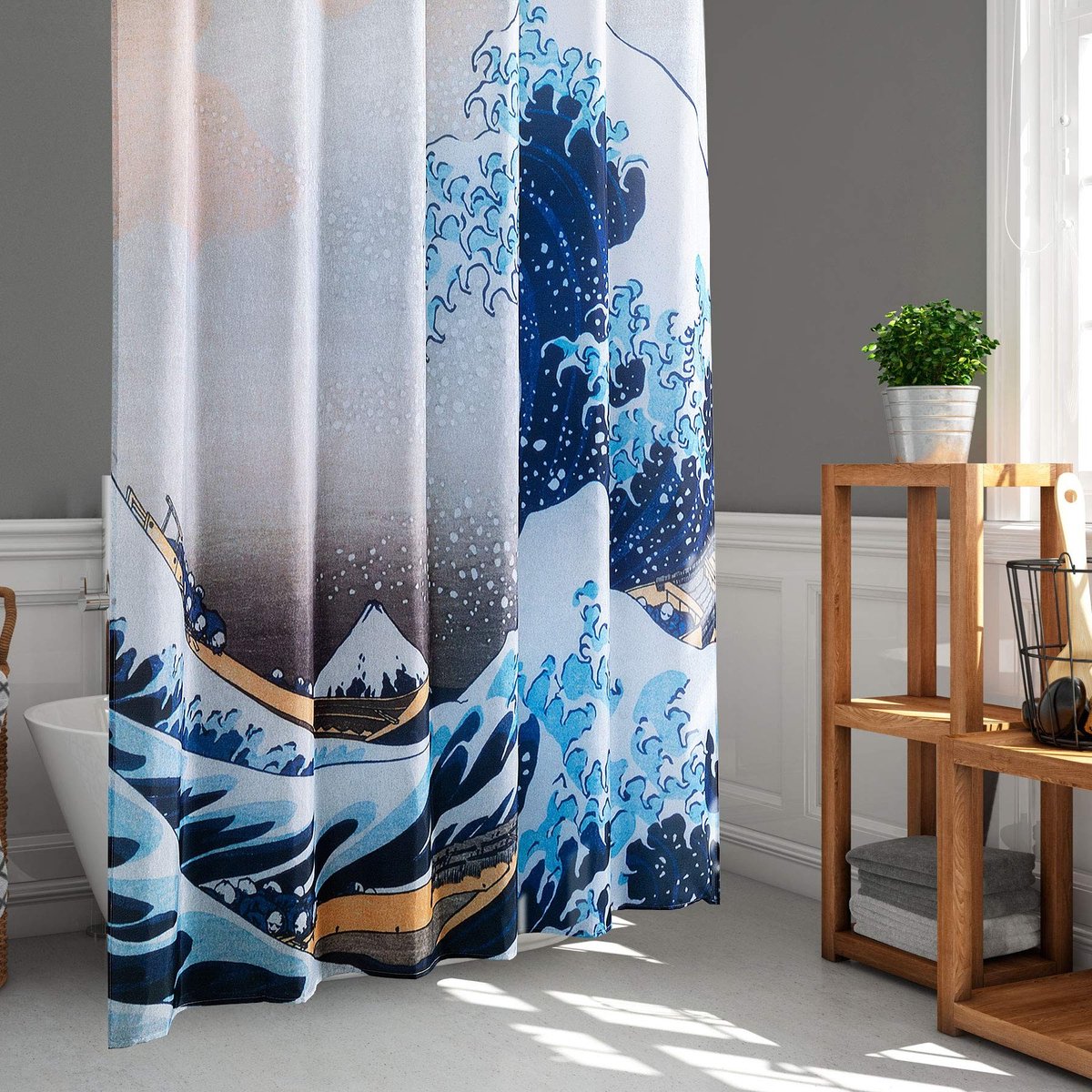 Dailygoods- Douchegordijn Japanse Stijl - Waterdicht 180x180 cm - Duurzaam Polyester - Hokusai De Grote Golf - Badkamer Decoratie - Ademend Materiaal - Badgordijn