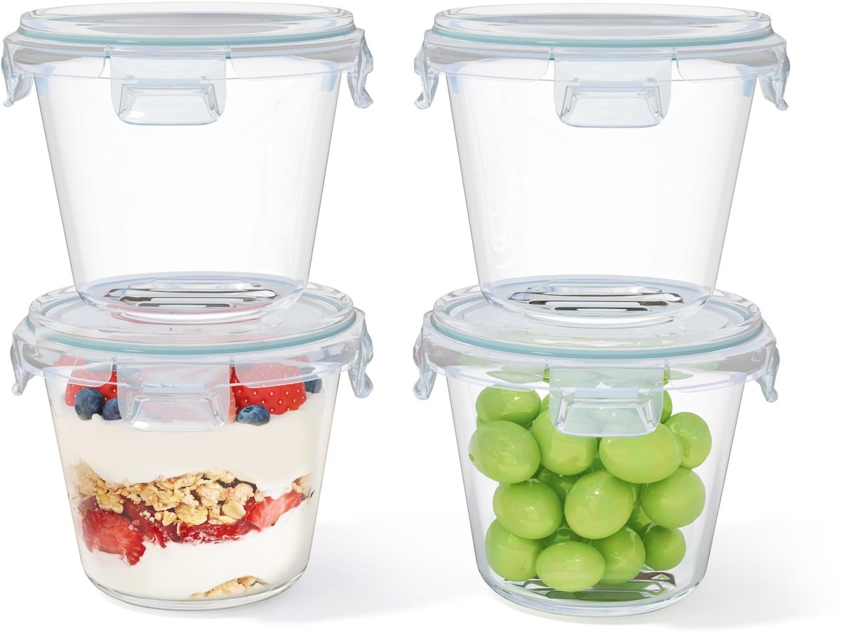 Dailygoods- Vershouddozen 650 ml - Set van 4 - Borosilicaatglas - Lekvrij - Magnetronbestendig - Luchtdicht - Ideaal voor maaltijdprep - Opbergdozen