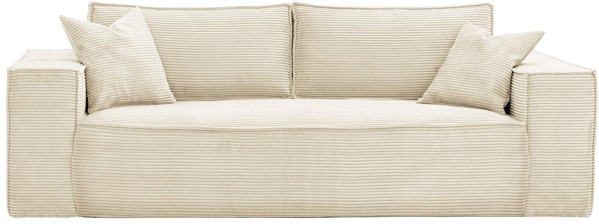Dunlopillo Express-vierzitsslaapbank van beige ribfluweel AMELIA - Bed 160 cm - Matras 14 cm met vormgeheugen L 234 cm x H 80 cm x D 105 cm