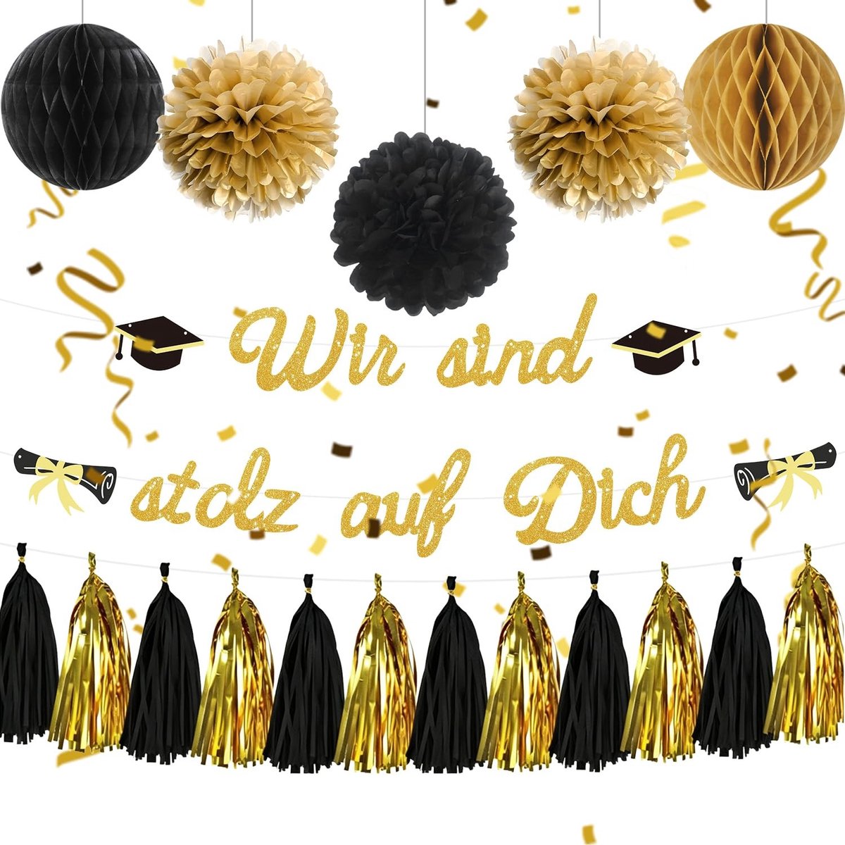 Dailygoods- Afstudeerdecoratieslinger Elegante Set 2026 - We zijn trots op jou - Kwastenslinger - Papieren Waaiers - Feestdecoratie - Robuuste Materialen - Afstudeerdecoratie